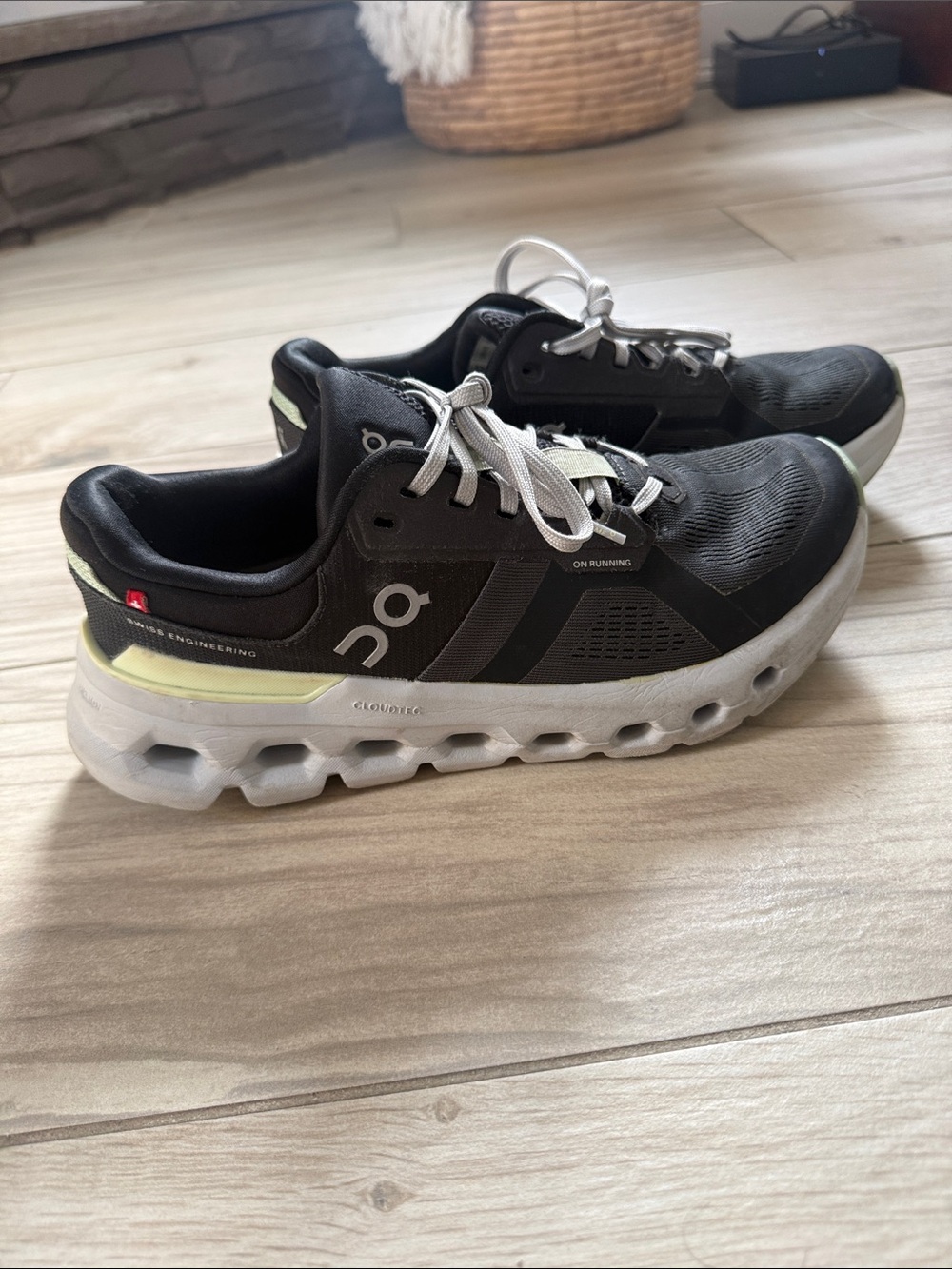 On Cloud Cloudnova Dark Gray with light blue and Light Yellow/Green sneakers